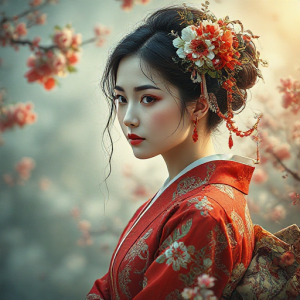 Woman in floral kimono and ornate hairpiece, standing among blooming cherry blossoms, looking to the side.