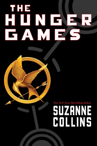 Cover of "The Hunger Games" by Suzanne Collins, featuring a gold mockingjay pin with an arrow against a black background.