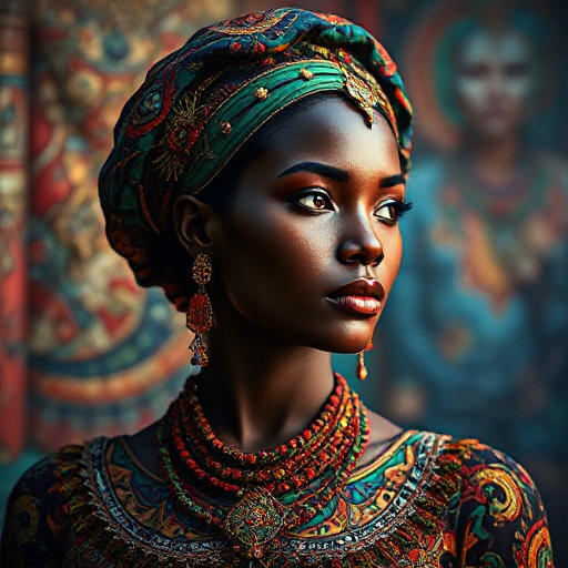 Woman wearing ornate, colorful clothing and a headscarf with earrings, set against a blurred, artistic backdrop.
