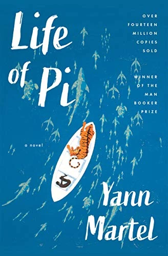 Cover of "Life of Pi" by Yann Martel, featuring a tiger on a boat surrounded by fish, with text highlighting awards and sales.
