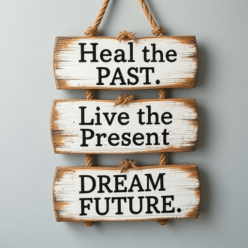 Wooden sign with three panels hanging vertically reads: "Heal the PAST. Live the Present. DREAM FUTURE.